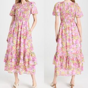 Banjanan Quant Floral Smocked Puff Sleeve Maxi Dress Cotton Sz Medium